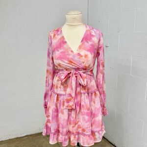Watercolor pink tie dye flowy bow tiered dress